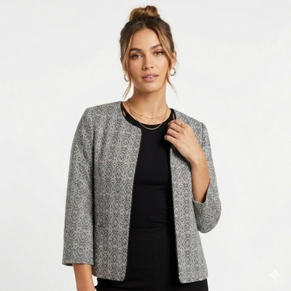 NWT Anthropologie Pleione Gray Textured Open-Front Tweed‎ Jacket SM
